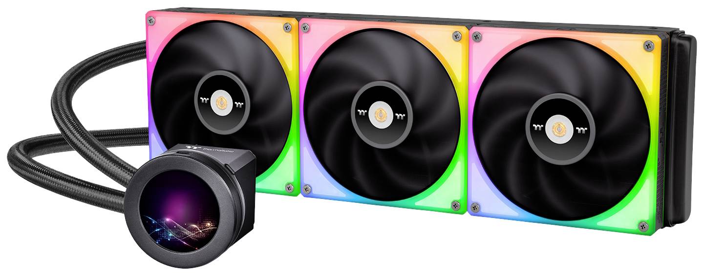 A triple RGB water cooling system with illuminated fans and a circular pump block.