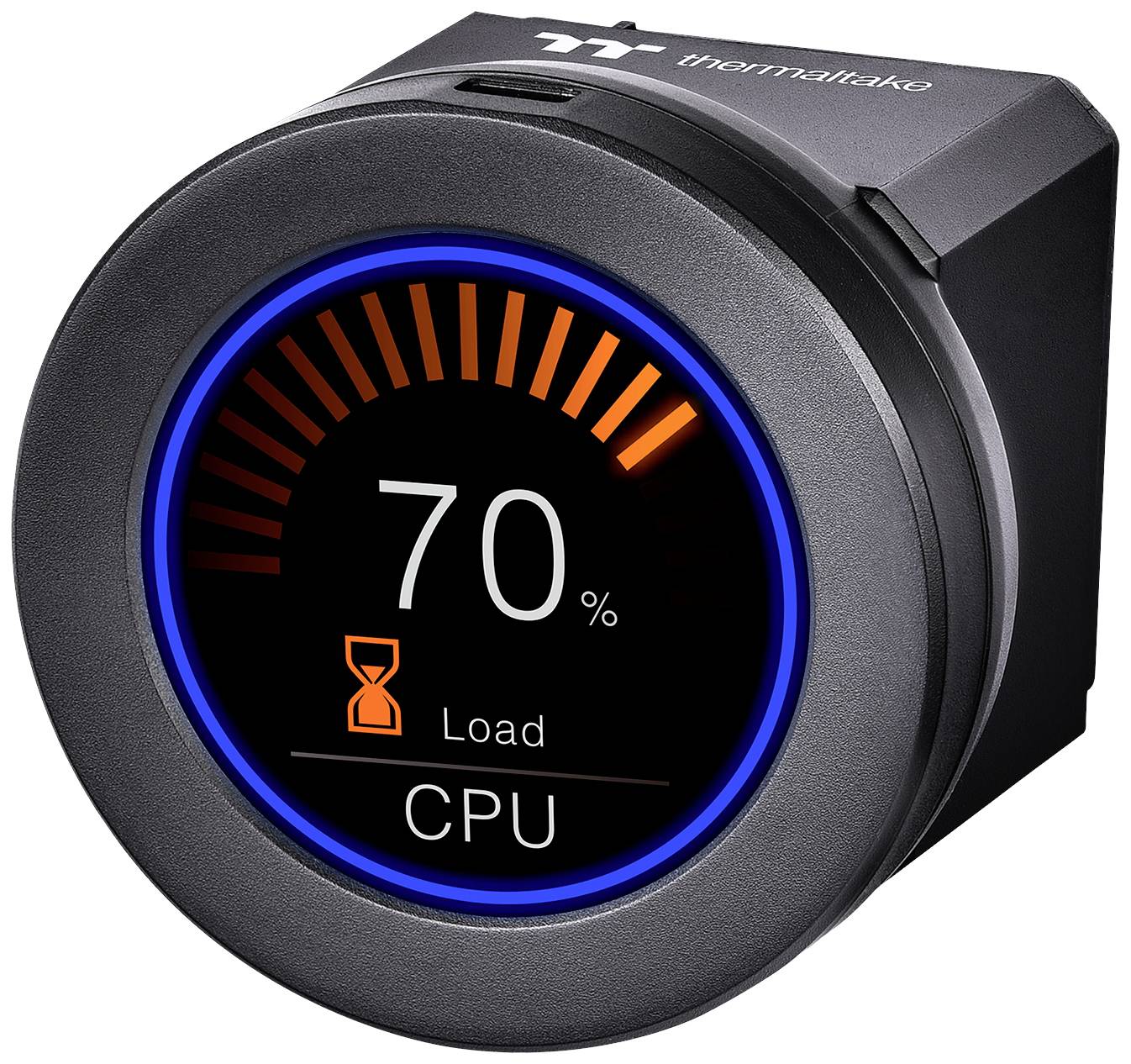 Round thermal device similar to a thermostat from Thermaltake displaying 70% CPU usage. Relevant information for PC monitoring.