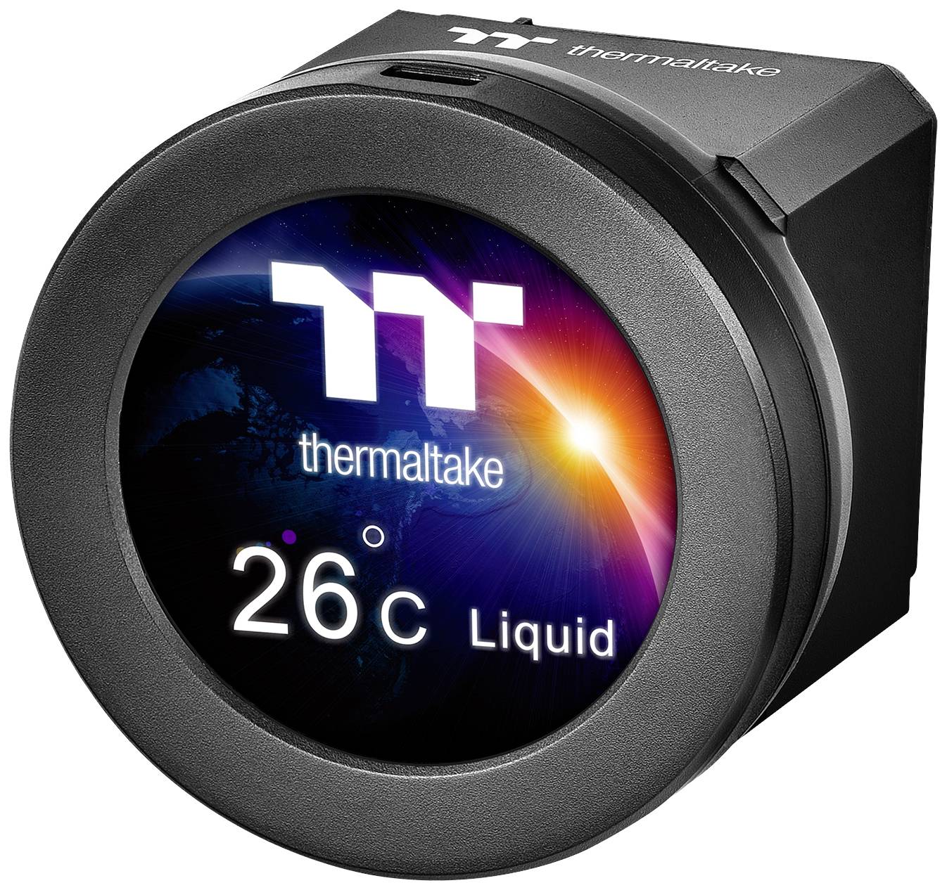 Compact round digital display showing a Thermaltake logo and the text '26°C Liquid' against a colourful background.