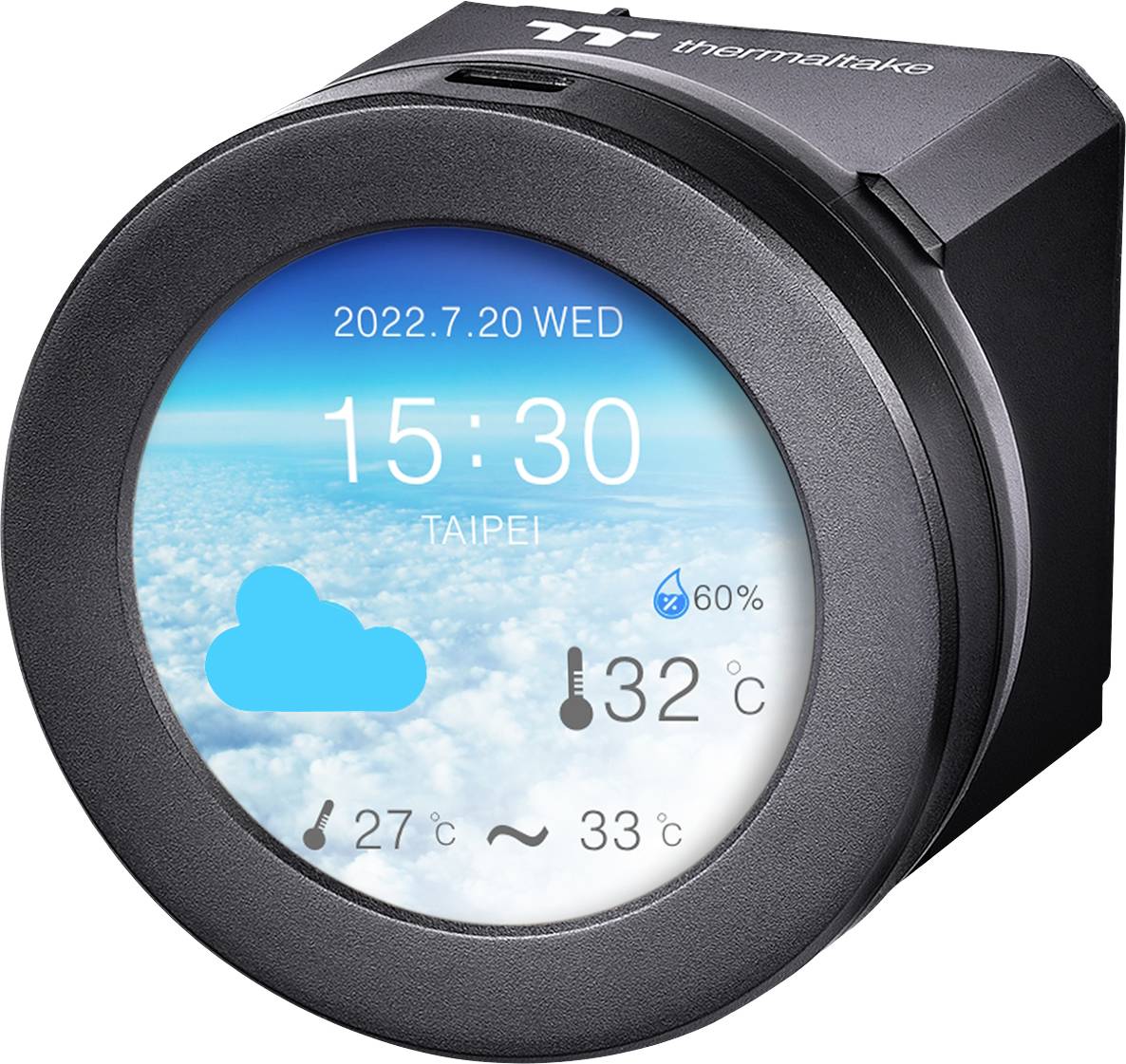 Round digital thermometer displays '15:30, Taipei' with a temperature of 32°C and a weather indicator showing a cloud symbol. Date: 20/07/2022.