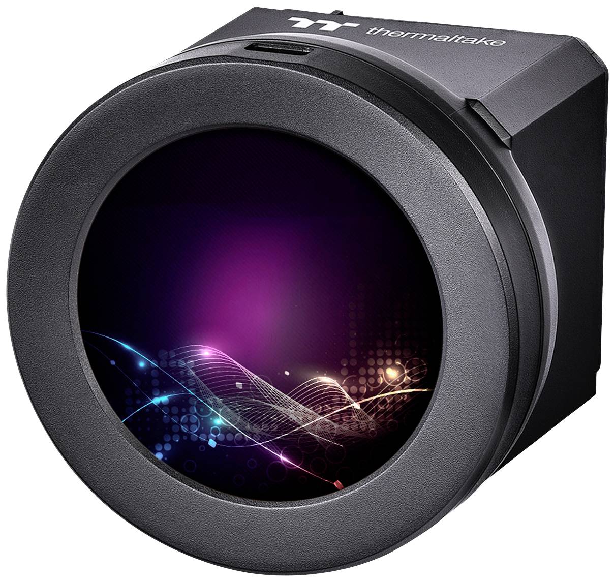 A round electronic device with a digital display shows an abstract, colourful wave pattern on a purple background.