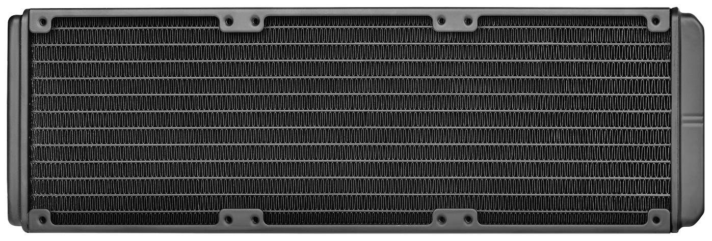 A rectangular radiator with a grid of fine fins for PC water cooling, demonstrating the design for effective heat dissipation.