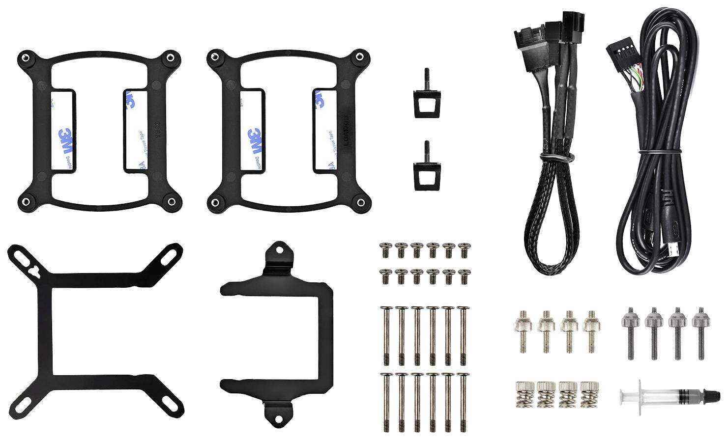 Mounting kit for computer fans with screws, cables, and brackets. Contains multiple metal screw sets and plastic mounting brackets.