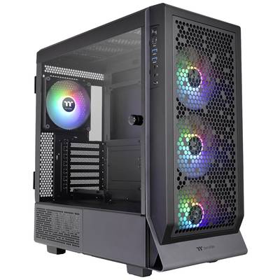 Black computer case with transparent side window, showing four fans with colourful LED lighting on the front and back.