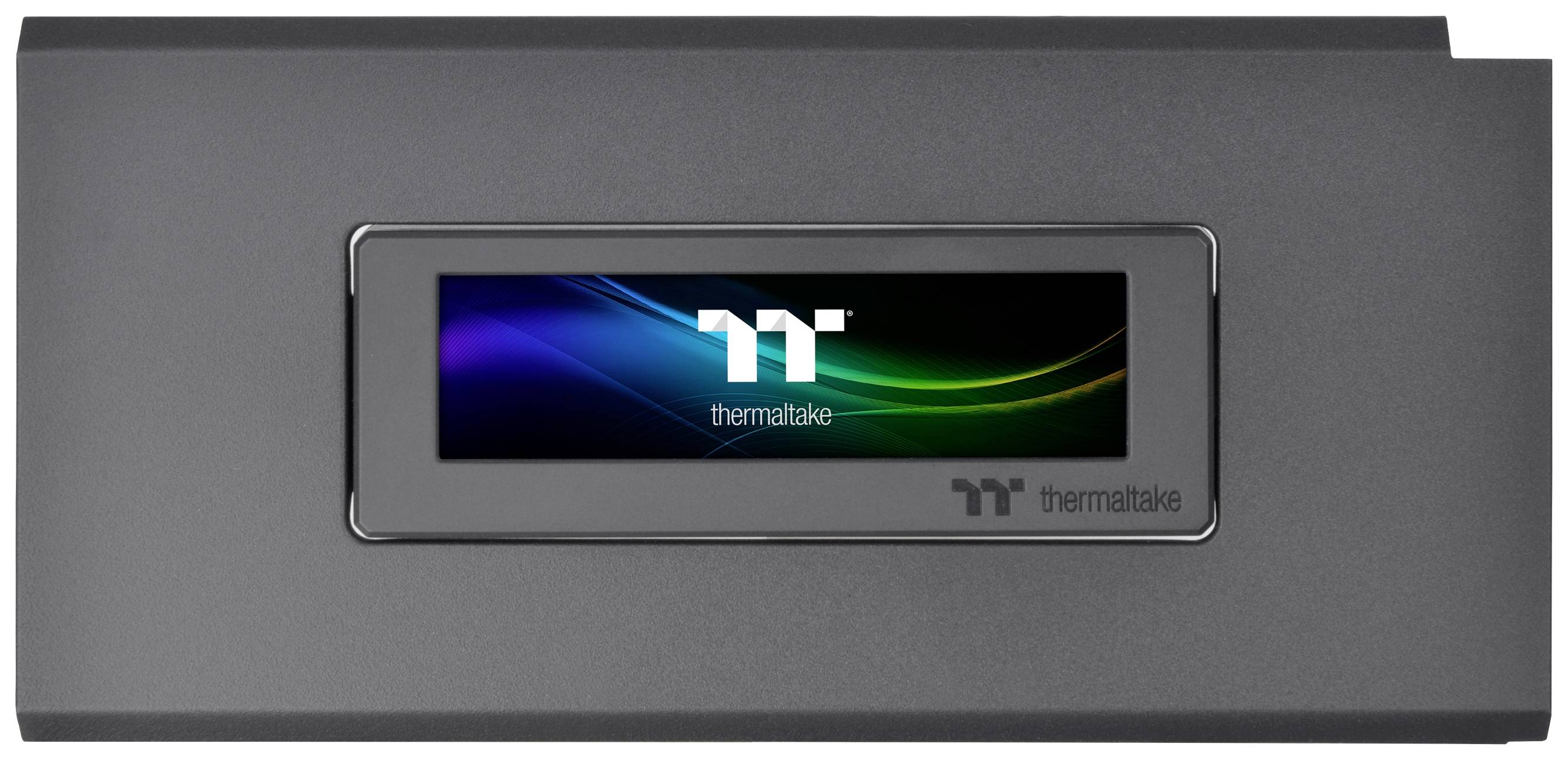 Thermaltake fan controller with illuminated display, featuring the Thermaltake logo. Black, rectangular design.