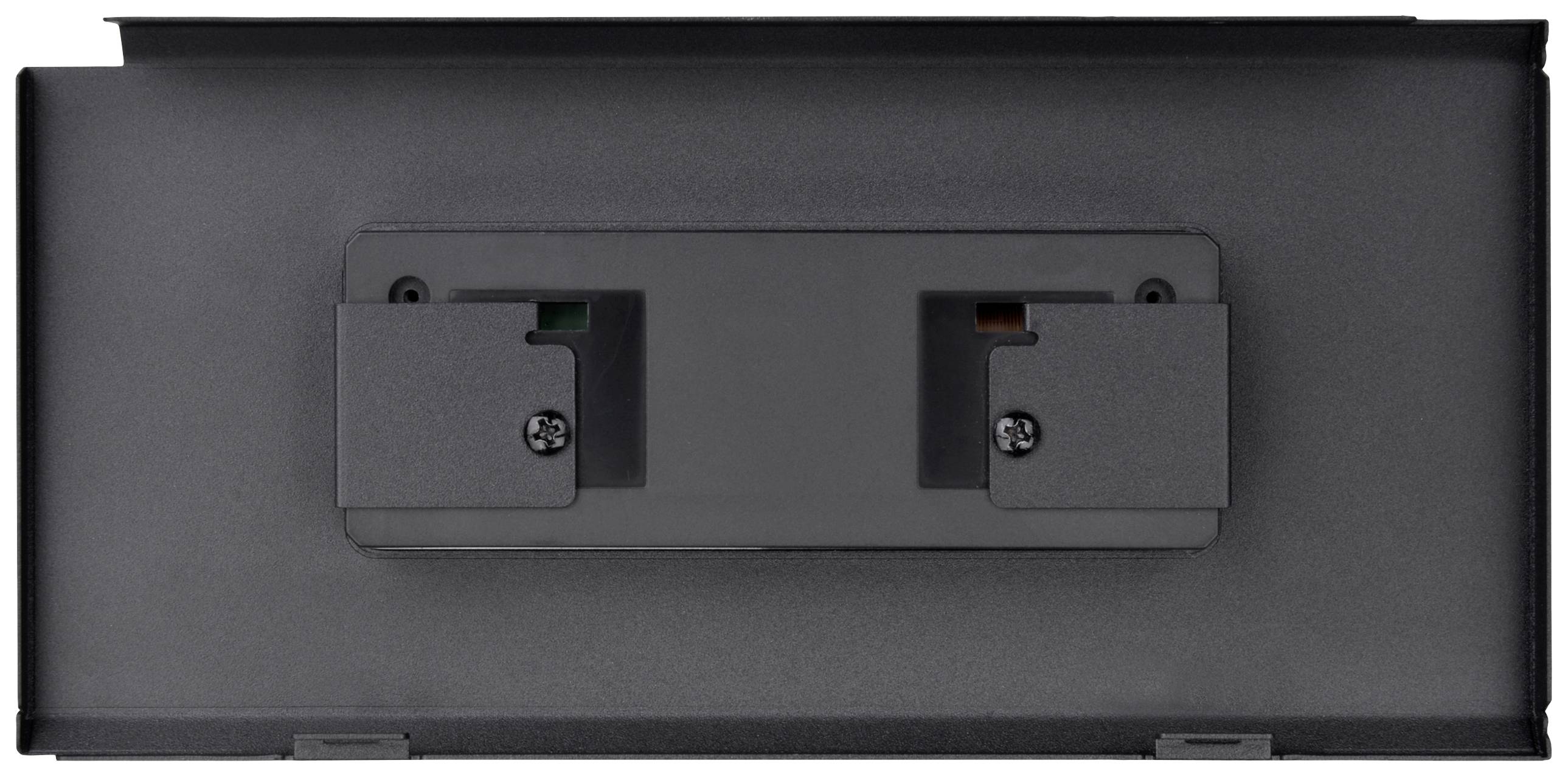 A dark, rectangular mounting bracket on a smooth surface with two visible screws.