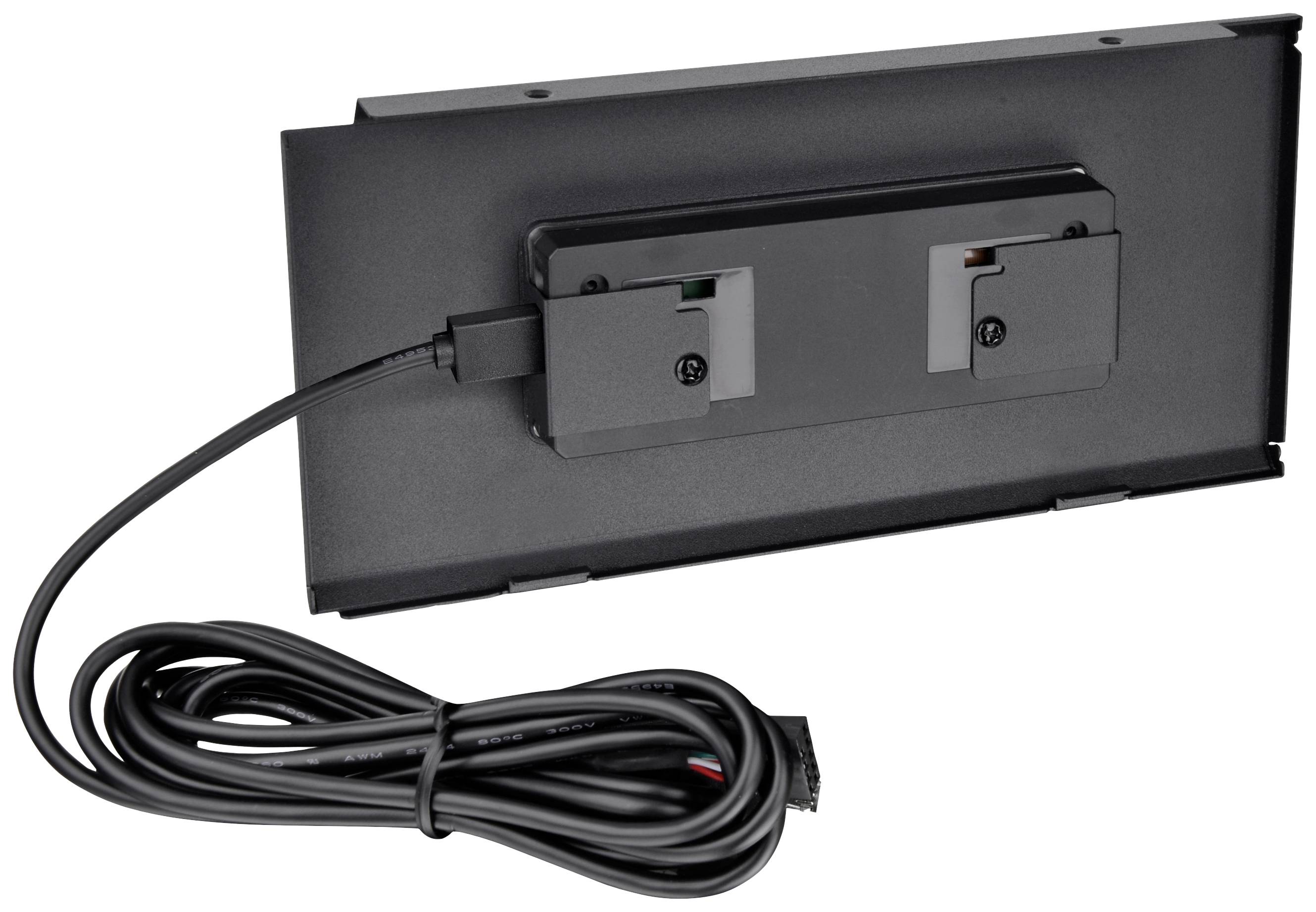Black hardware module with wired connection, suitable for wall mounting. It has two slots with screws for securing.