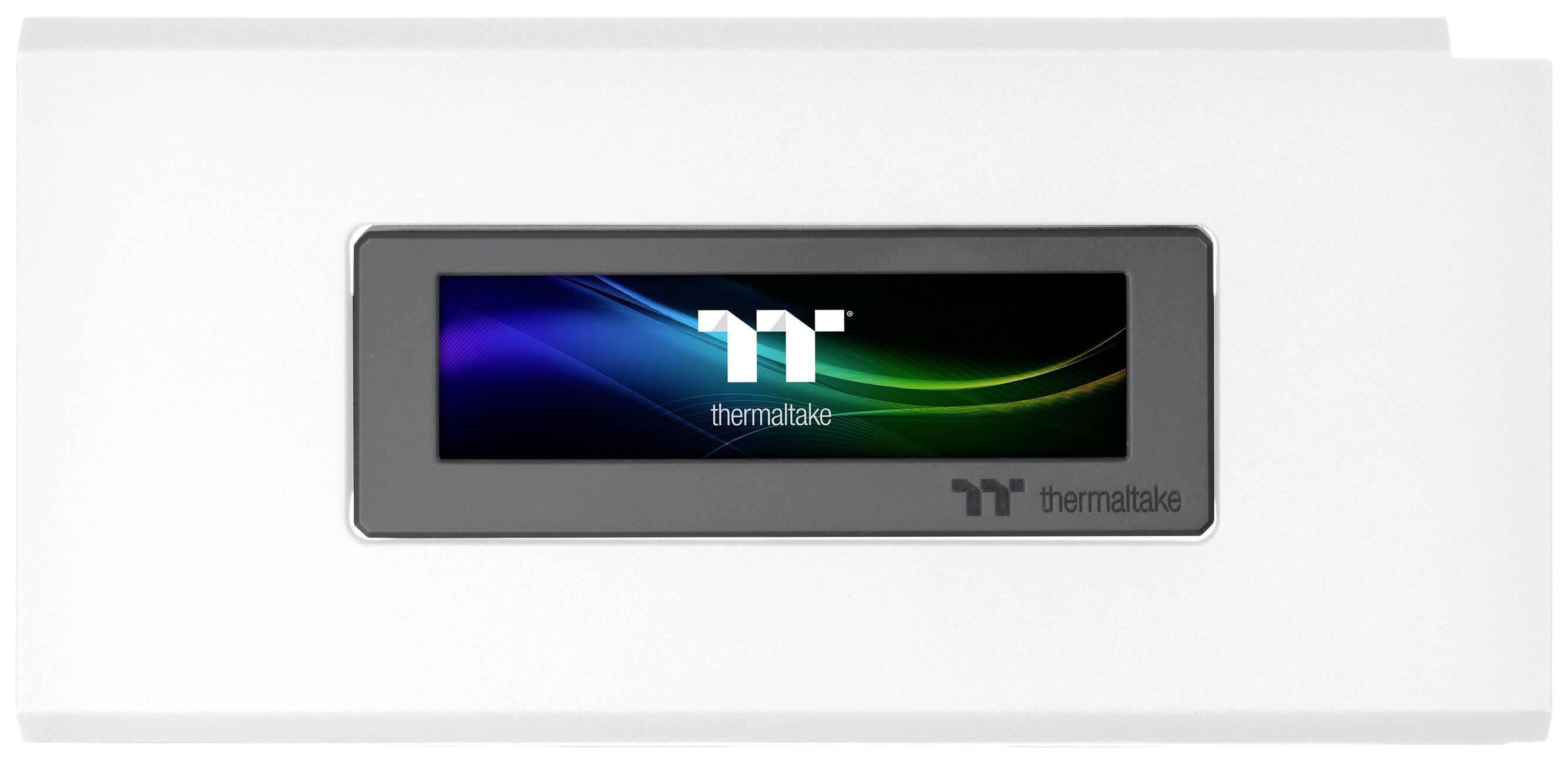 A white device with a rectangular display in the centre, showing a colourful pattern and the manufacturer's logo.
