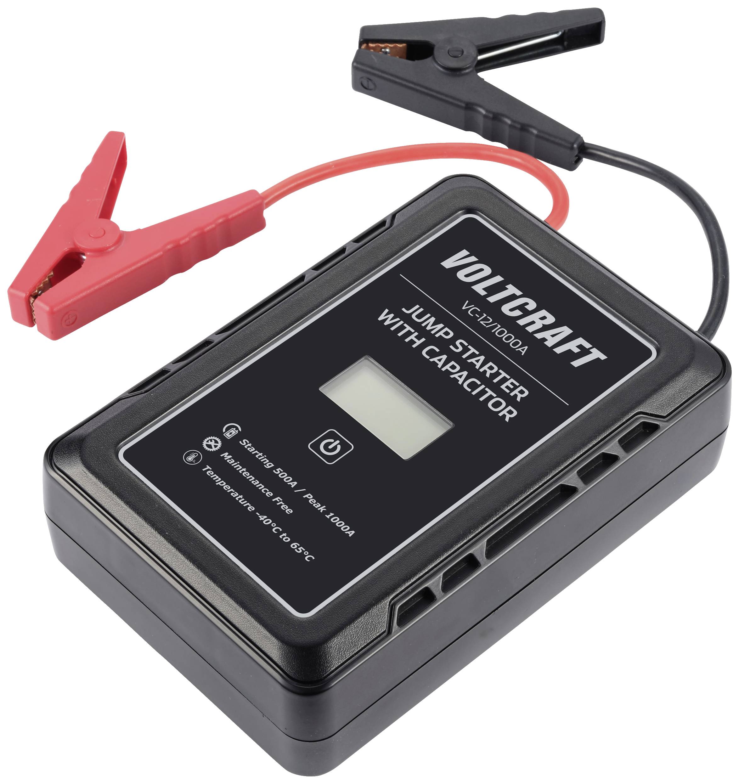Jump starter with integrated capacitor, black housing, red and black cable with clamps, brand 'Voltcraft'.