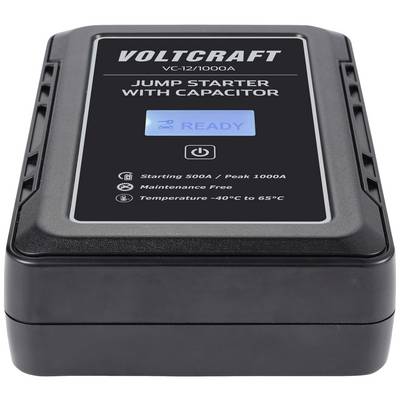 'Black Voltcraft VC-12/1000A Jump Starter Booster with capacitor, displays "READY". Suitable for temperatures from -40°C to 65°C.'
