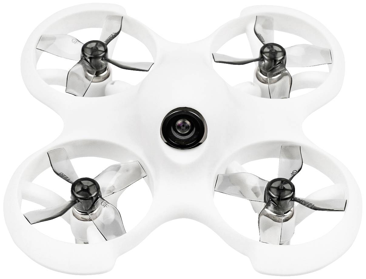 White drone with four rotors and camera lens in the centre, viewed from above. Ideal for aerial photography.