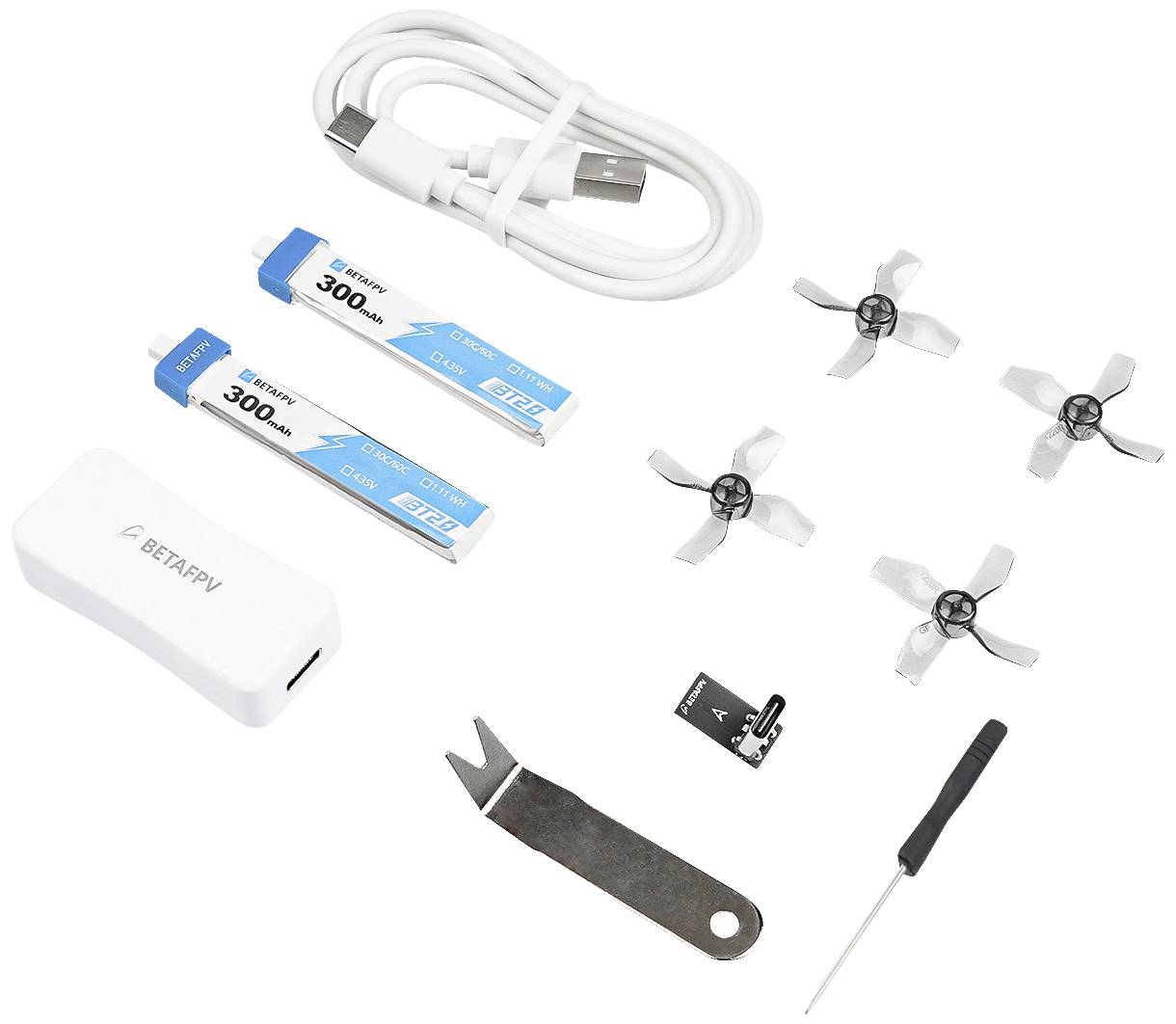 A repair kit with charging cable, battery, propellers, tools and accessories for drones.