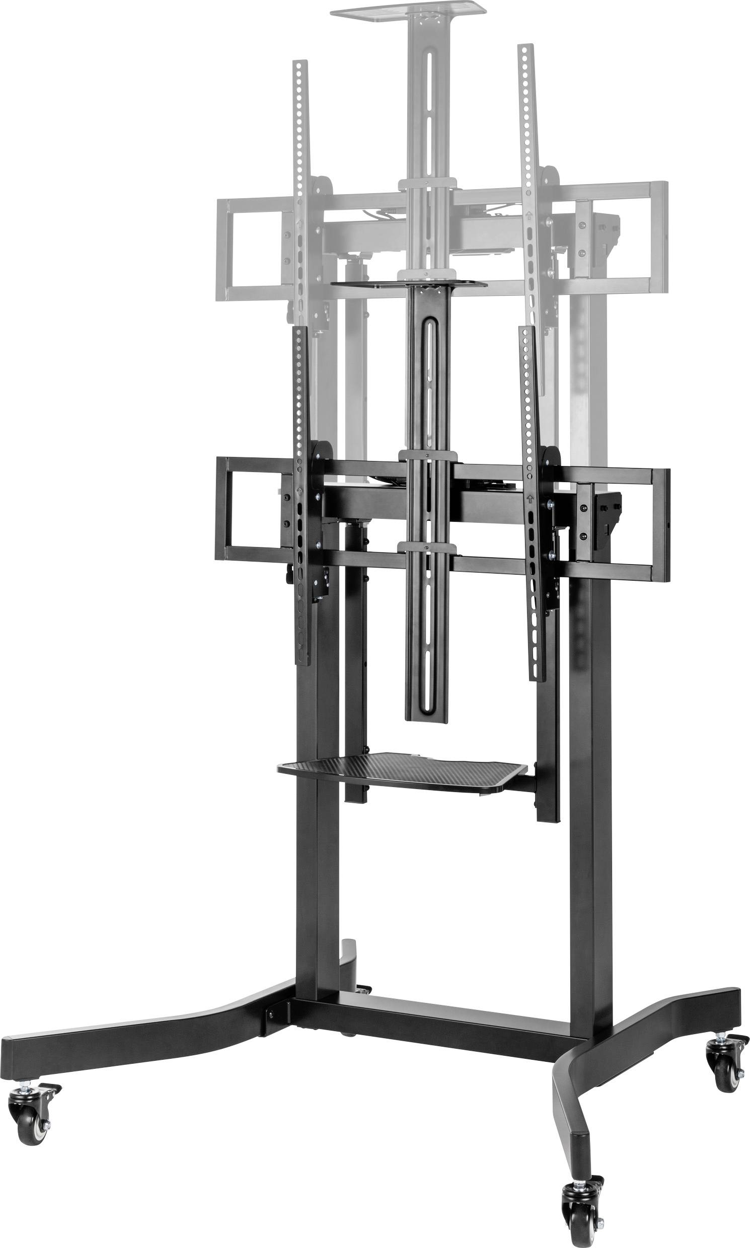 Height-adjustable metal TV stand with wheels, suitable for large screens, showing adjustable mounts for landscape and portrait orientation.