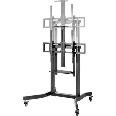 Height-adjustable metal TV stand with wheels, suitable for large screens, showing adjustable mounts for landscape and portrait orientation.