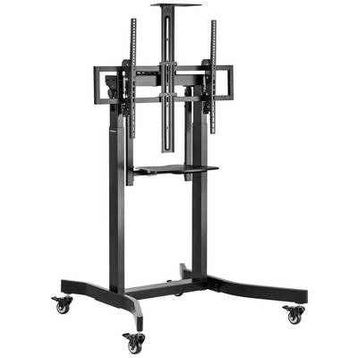 Movable TV floor stand with adjustable mounting brackets and shelf for devices. Suitable for meeting rooms or presentations.