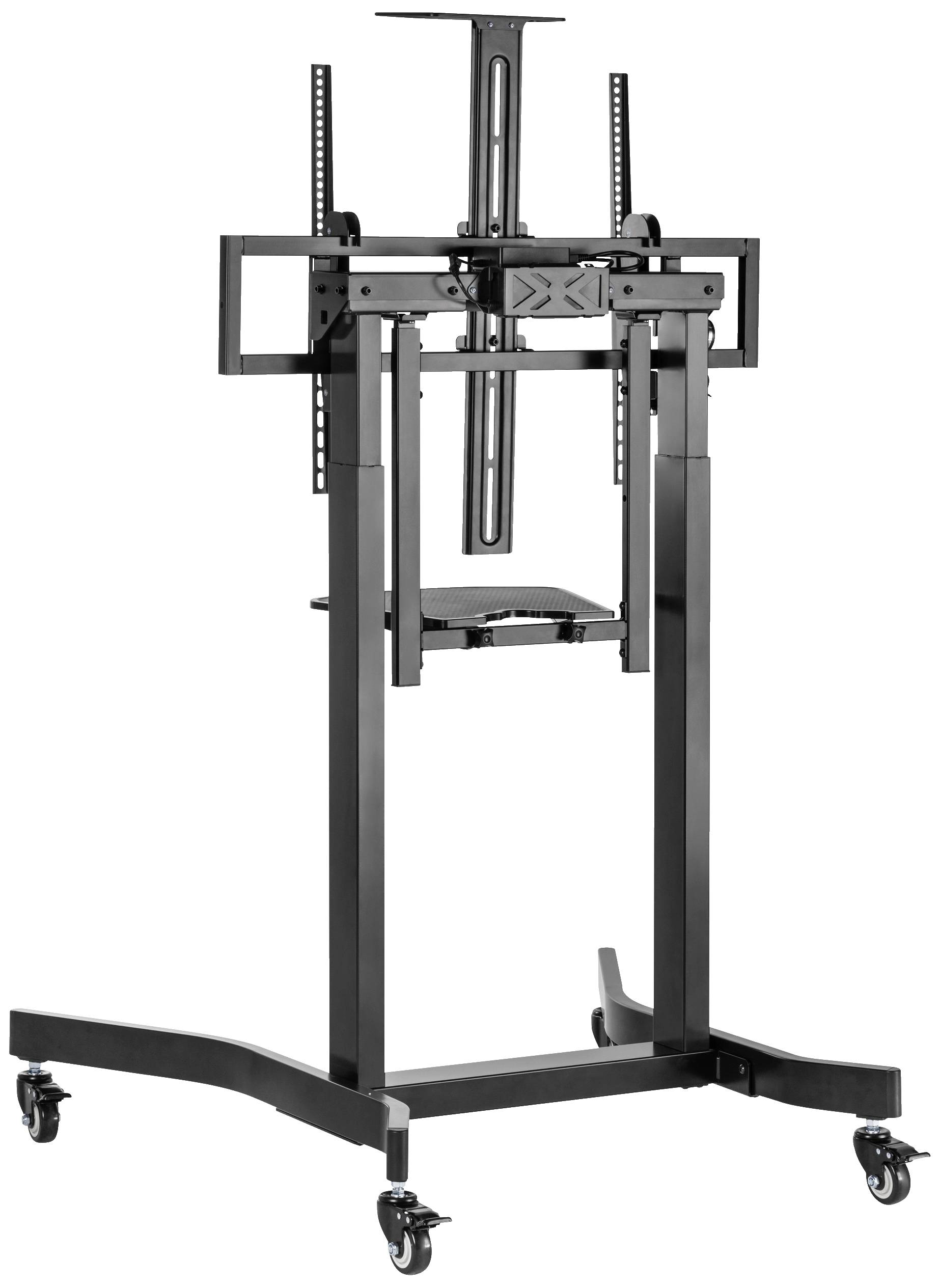 A black, mobile metal TV stand with an adjustable mounting system, suitable for different screen sizes.