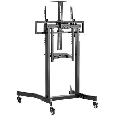 A black, mobile metal TV stand with an adjustable mounting system, suitable for different screen sizes.