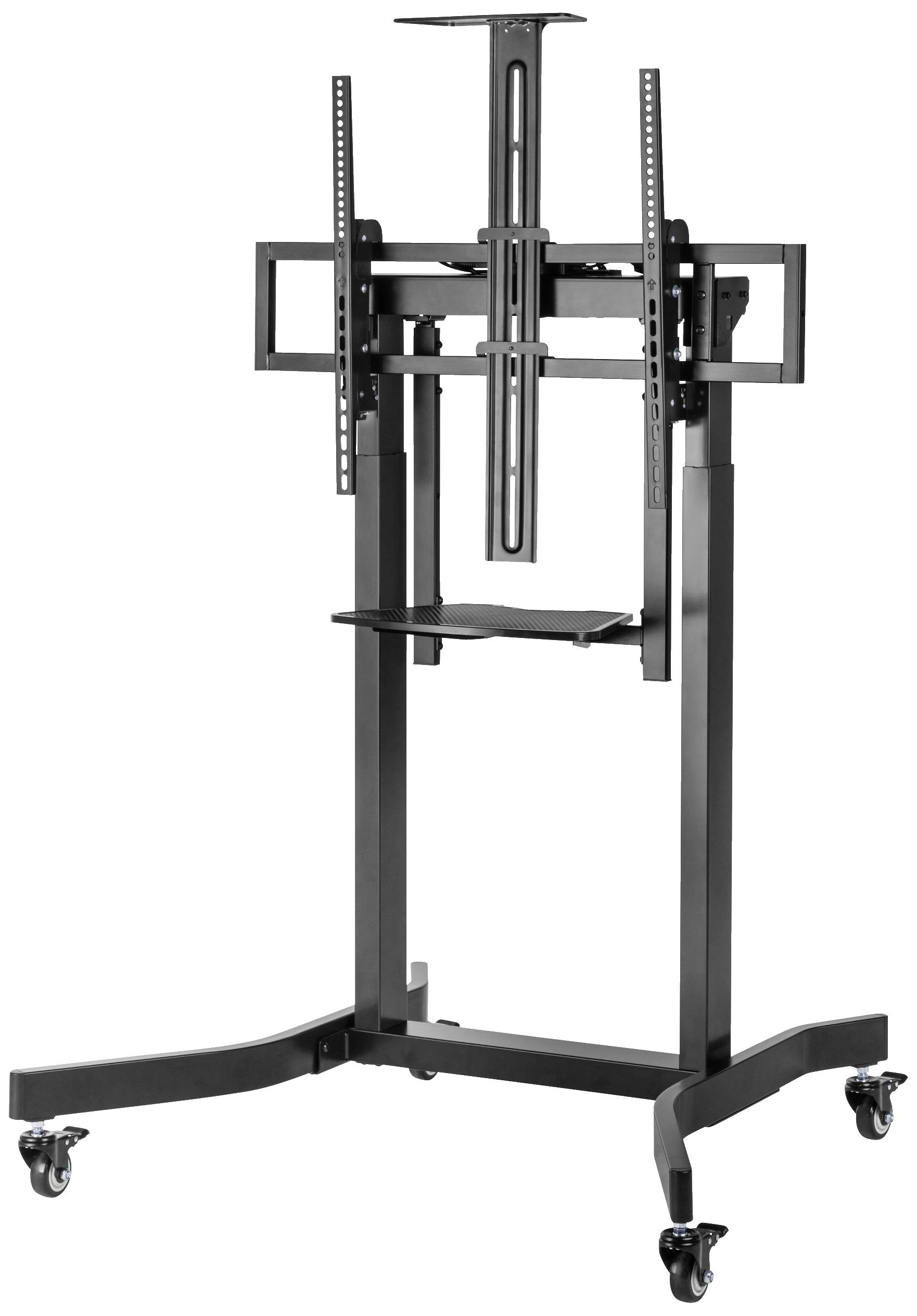 Black, mobile TV stand with adjustable mounting bracket, suitable for large flat screens. Ideal for presentations or office use.