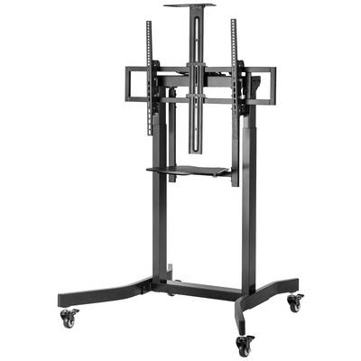 Black, mobile TV stand with adjustable mounting bracket, suitable for large flat screens. Ideal for presentations or office use.