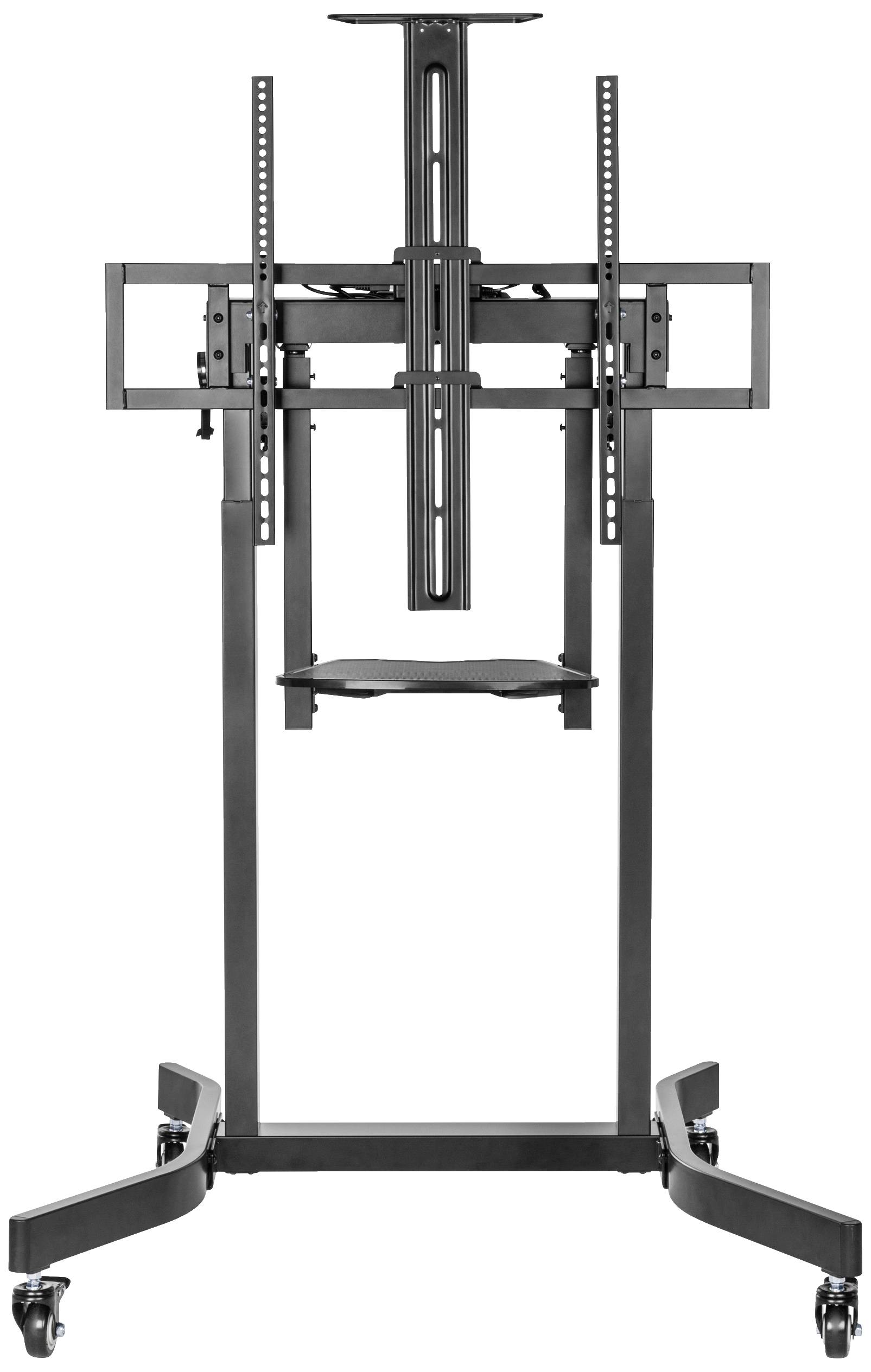 Black TV stand with castors and adjustable brackets, suitable for large screens, with storage shelf, on white background.