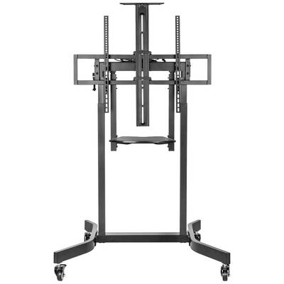 Black TV stand with castors and adjustable brackets, suitable for large screens, with storage shelf, on white background.
