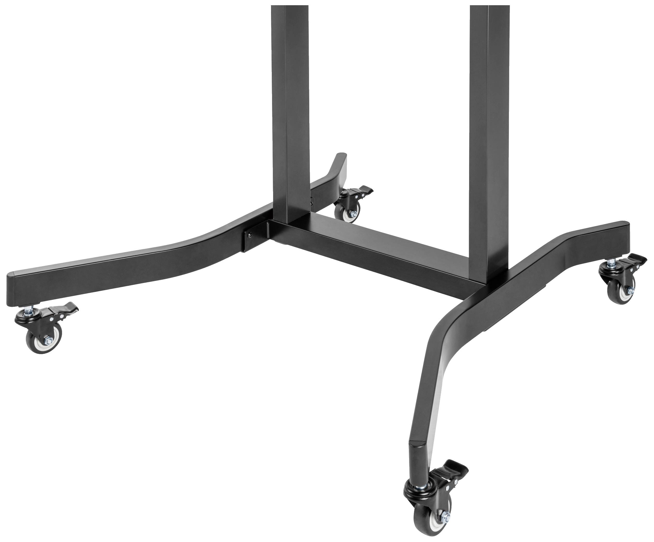Lower section of a black metal stand with four castors, providing mobility. Suitable for use on smooth surfaces.