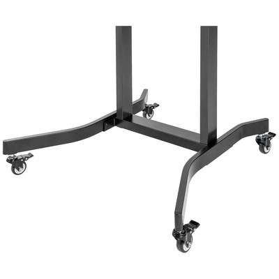 Lower section of a black metal stand with four castors, providing mobility. Suitable for use on smooth surfaces.