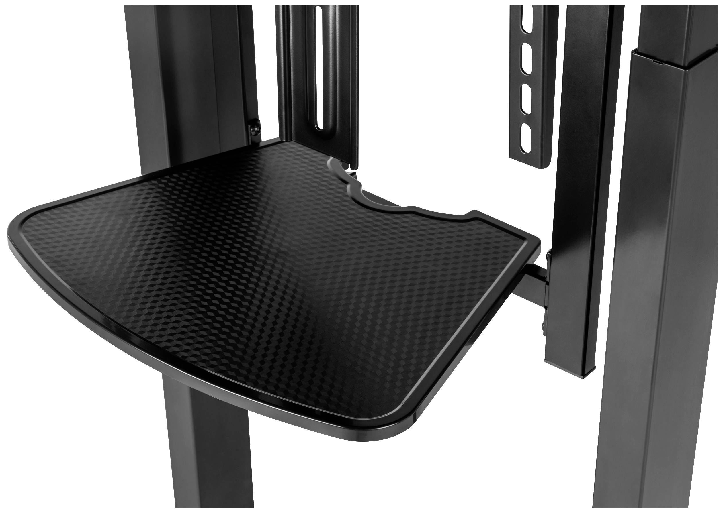 Black, rectangular plastic tray mounted on an adjustable bracket, potentially for technical equipment.