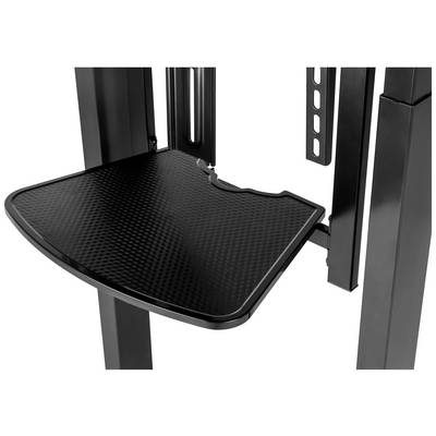 Black, rectangular plastic tray mounted on an adjustable bracket, potentially for technical equipment.