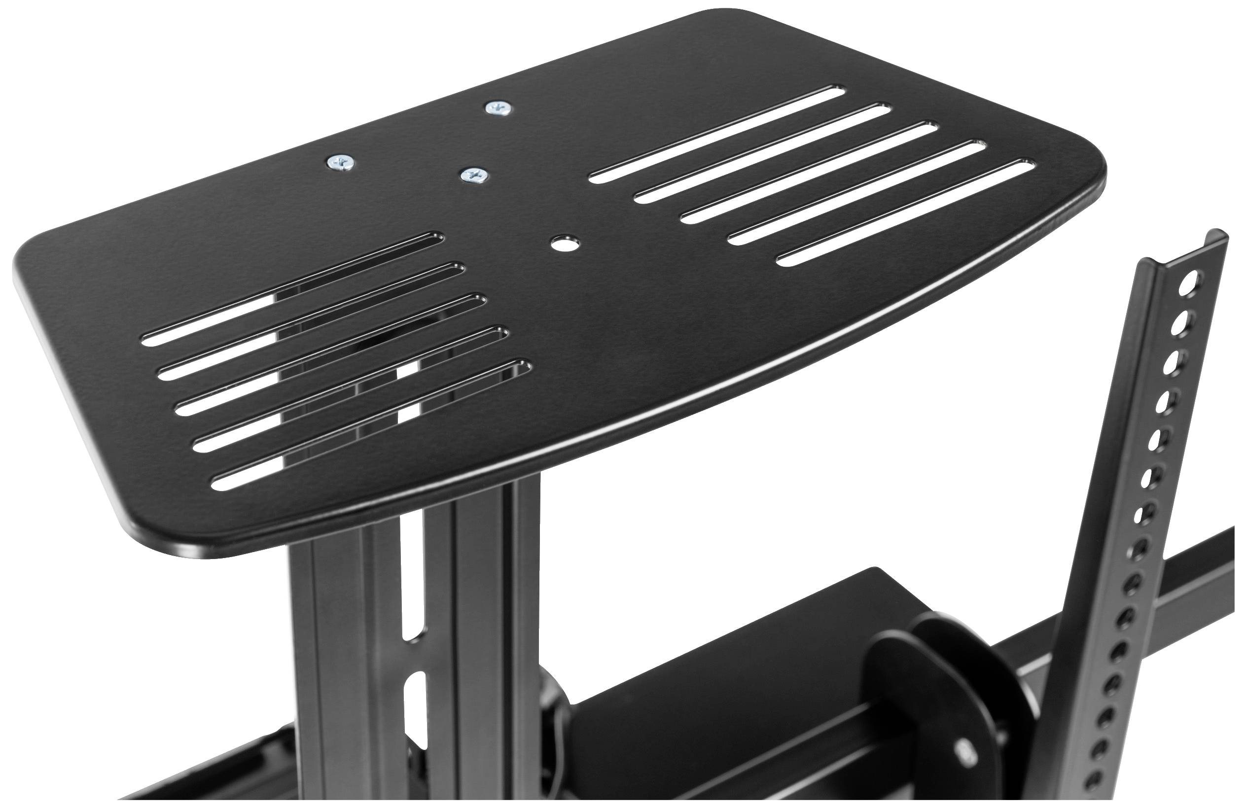Black metal plate with slots, mounted on an adjustable frame, potentially part of a piece of furniture or technical equipment.