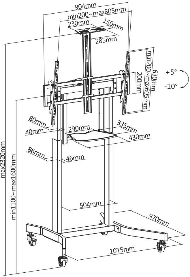 An adjustable-height TV stand with dimensions and tilt angles. Adjustable height: 1100-1320mm; Tilt: ±5°. Width: 630mm to 904mm.