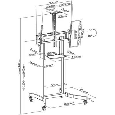 An adjustable-height TV stand with dimensions and tilt angles. Adjustable height: 1100-1320mm; Tilt: ±5°. Width: 630mm to 904mm.