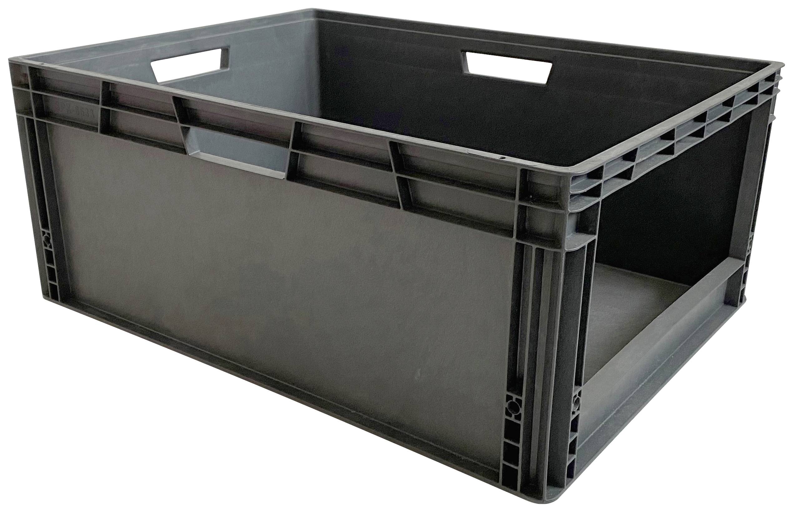 A black plastic box with handles on the sides, rectangular and open, is used for storing or transporting items.