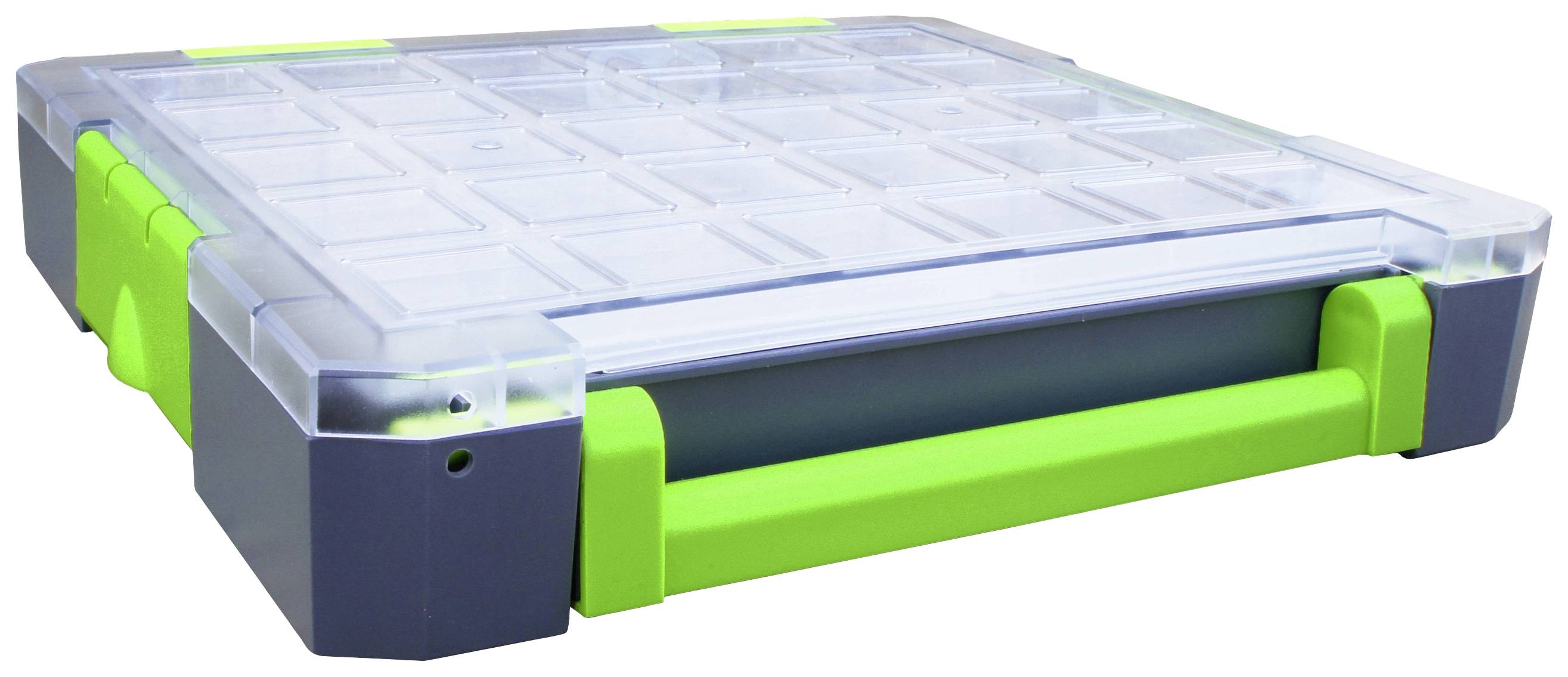 Folding storage box with transparent lid and green handle. Ideal for storing small parts.