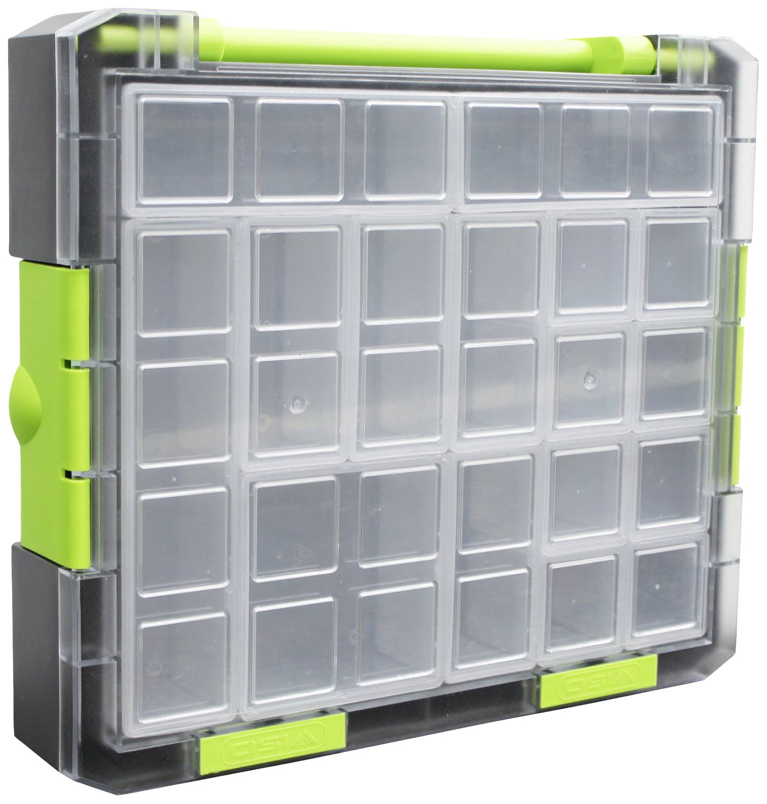 Plastic storage box with transparent lid, green handle and 25 small compartments for organising small items.