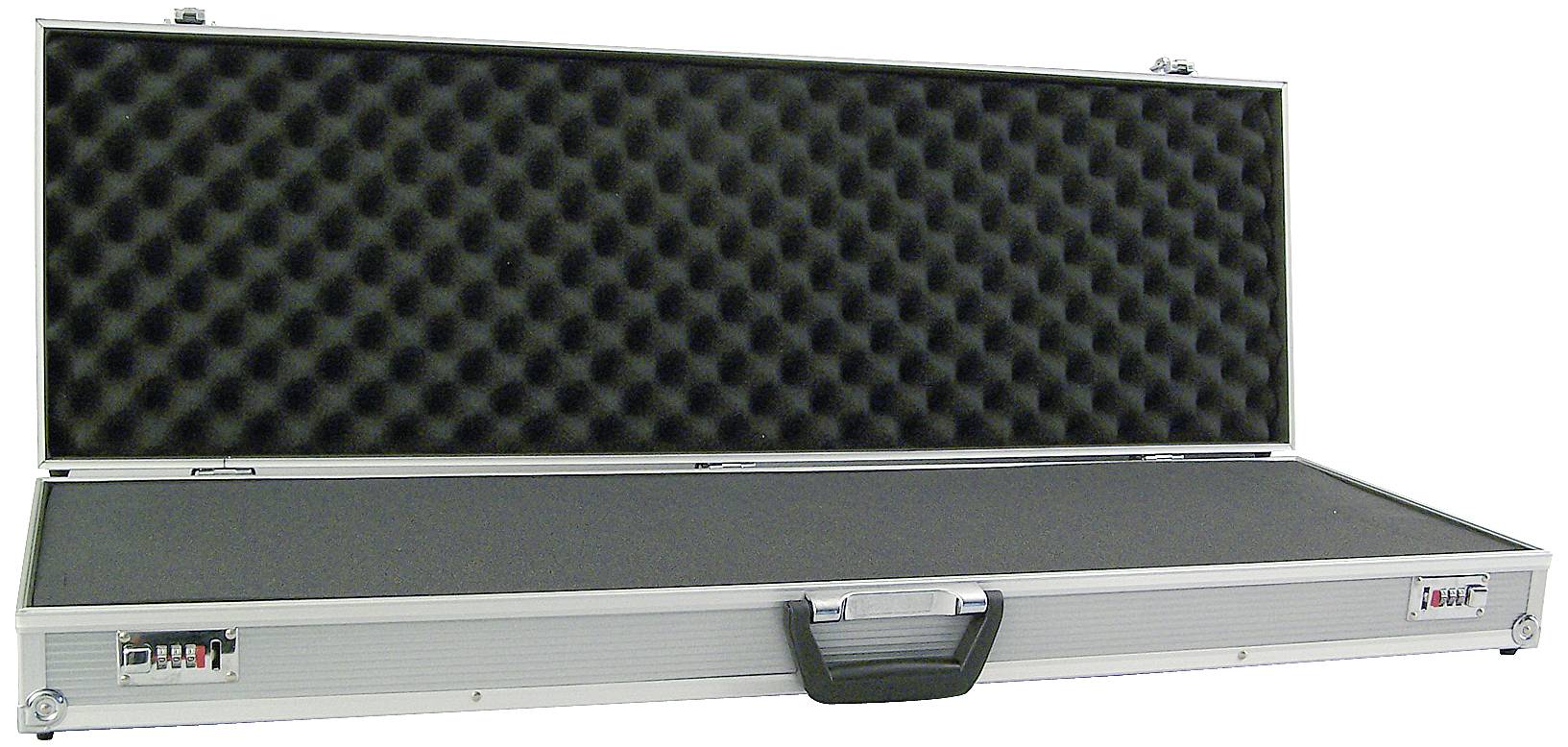 Silver briefcase with a black handle, opened to reveal a wavy foam padding interior, suitable for protecting contents.