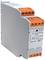 Industrial control relay with orange plug-in terminals and labelling for electrical circuits. Suitable for DIN rail mounting.