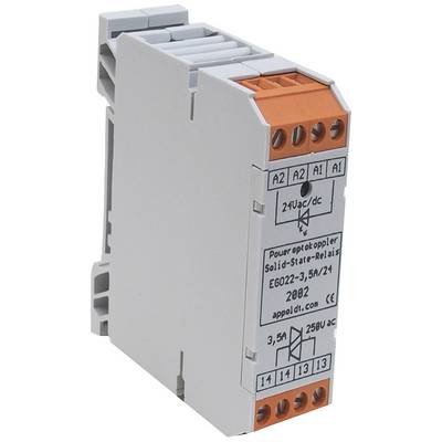 'Power Optocoupler Solid State Relay'. Grey housing with orange connections. Labelling: 24V AC/DC, 3.5A/24, 250V AC.