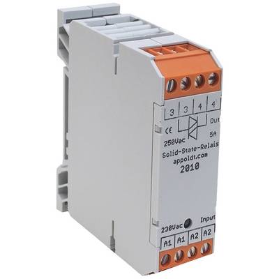 Electronic solid-state relay for DIN rail mounting, input 230 V AC, output max. 250 V AC, 5 A, for industrial applications.