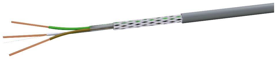 Cross-section of a coaxial cable with grey outer sheathing, braided screening, and three coloured copper conductors: green-yellow, brown, and blue.