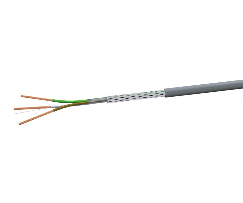 A grey cable with three exposed conductors: brown, blue, and green-yellow. Suitable for electrical installations.