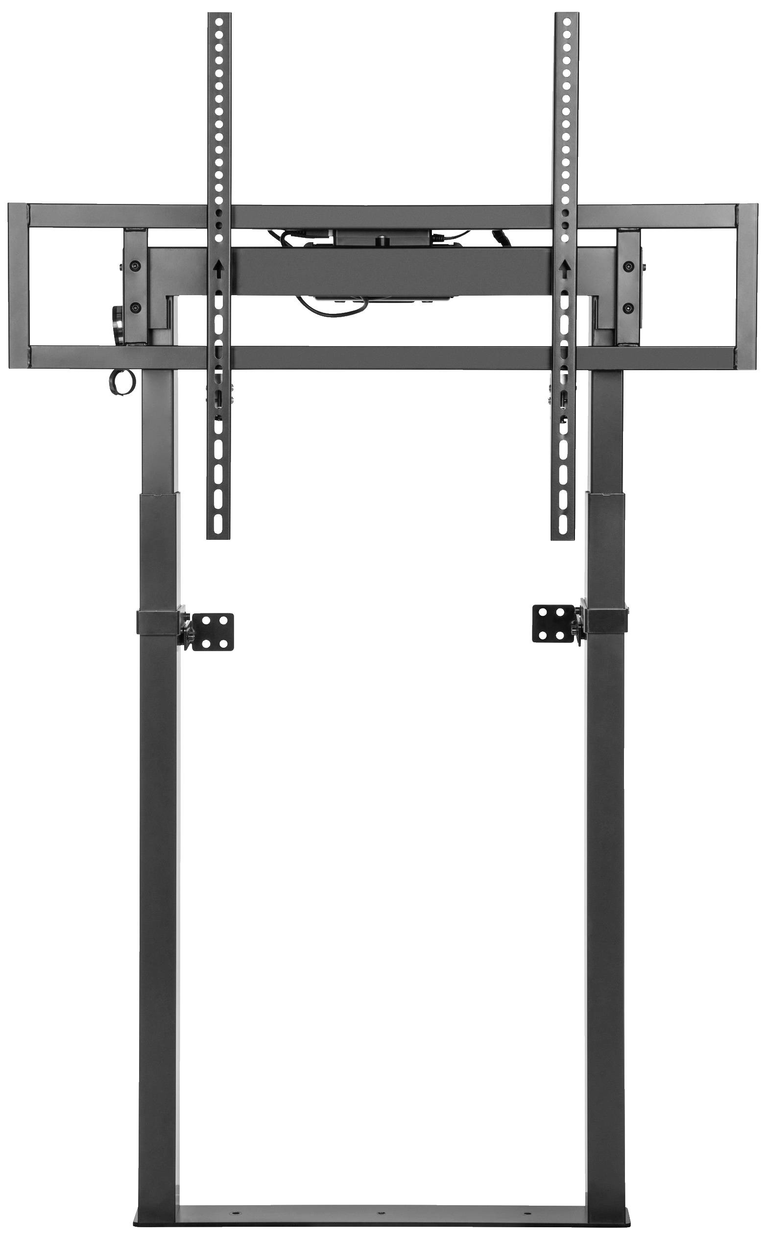 A black, height-adjustable TV stand without television. Suitable for various screen sizes, with a sturdy metal construction.