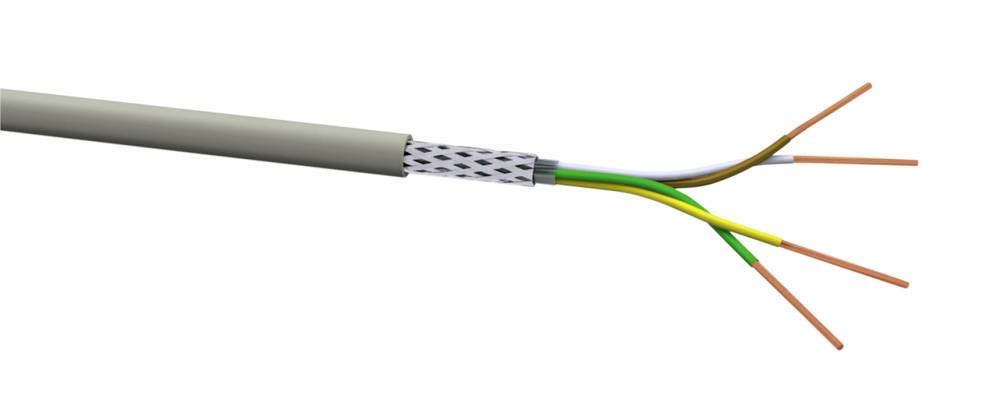 A cable with open ends, consisting of an outer sheath and three copper wires of different colours, each insulated.