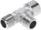 Metallic T-shaped pipe connector with three ports; two horizontal and one vertical port for connecting multiple pipes.