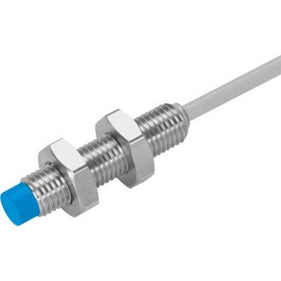 A cylindrical proximity sensor with a blue head and metal thread, showing connection cable at the rear.