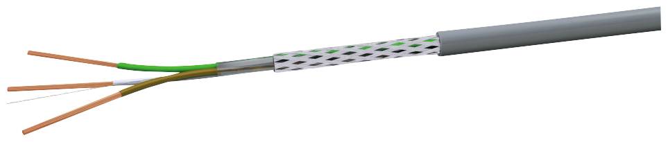 A grey cable with exposed copper wires, green and brown wire, wrapped in a white, protective insulation.