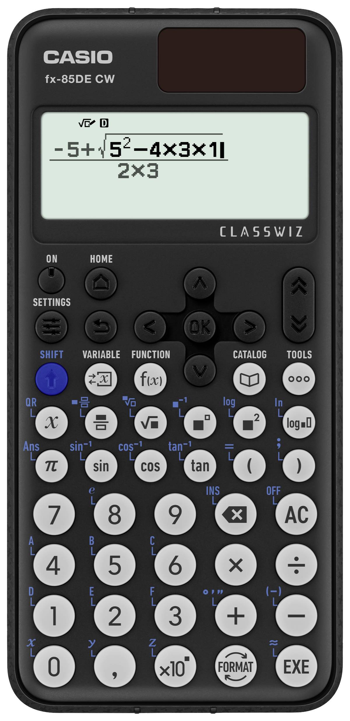 Casio FX-85DE CW Engineering calculator Black Display (digits): 10 battery-powered, solar-powered (W x H x D) 77 x 10.7 x 162 mm