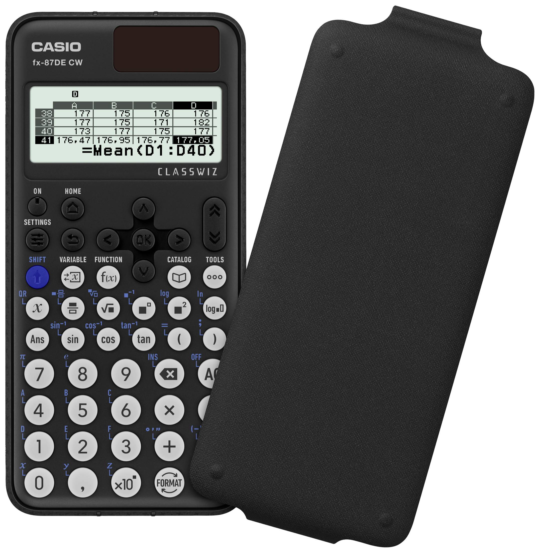 'Casio fx-87DE CW' scientific calculator with display. Shows statistical calculations, including 'Mean (D1:40)'. Black, with removable cover.