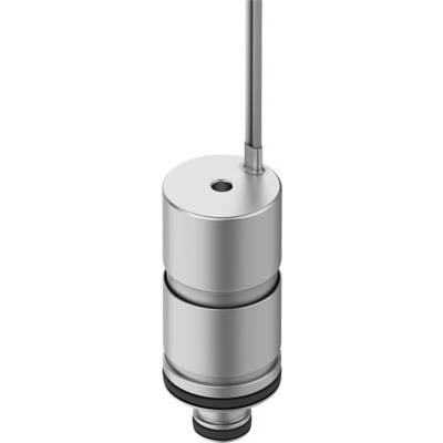 A metallic cylindrical mechanical component with multiple sections and a protruding rod.