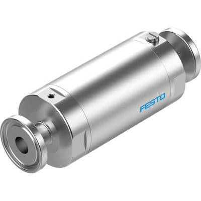 Metallic sensor cylinder from Festo, cylindrical in shape, silver-coloured, with connections at both ends, marked logo.